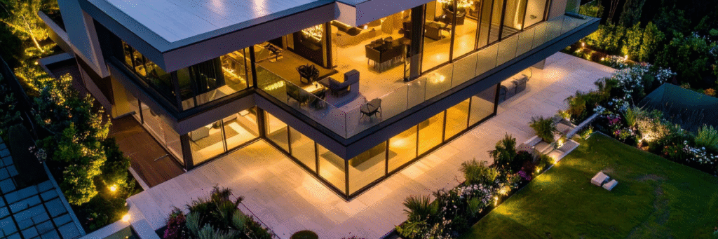 modern apartment propert lit up in the evening